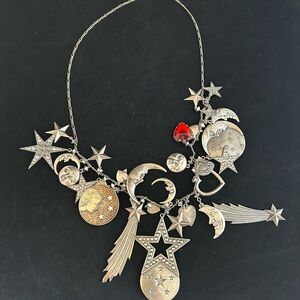 Celestial Silver-Tone Charm Necklace with Red Crystal Accent